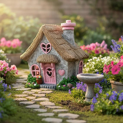 PRETMANNS Fairy House for Outside with Solar Powered LED Lights for Garden - Fairy Garden Houses for Outdoor - Miniature Accessories for Cottage Decor for Village - 7.56” High, Pink