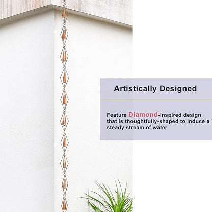 8.5 Feet Diamond & Bell Rain Chain for Outsides, Rain Catch Chains for Gutters Downspouts, Copper Patina Finish Iron
