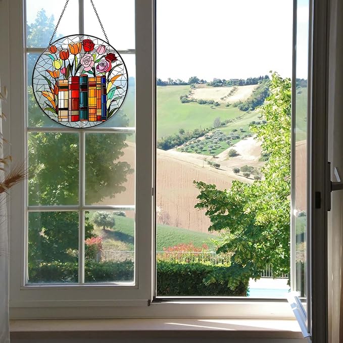 Flower Book Stained Glass Window Hanging 7.8'' Sun Catcher Book Club Lover Gifts for Women Christmas Wall Decor Handmade SunCatcher Decoration for Garden Home Bookish Library Decor