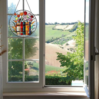 Flower Book Stained Glass Window Hanging 7.8'' Sun Catcher Book Club Lover Gifts for Women Christmas Wall Decor Handmade SunCatcher Decoration for Garden Home Bookish Library Decor