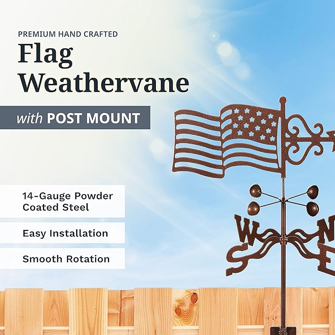 EZ Vane Steel USA Flag Weathervane 21” Height, Includes Metal Post Mount, Wind Cups & Brackets | Hand-Crafted and Family-Owned, Made in The USA with Triple Powder Coating, Limited