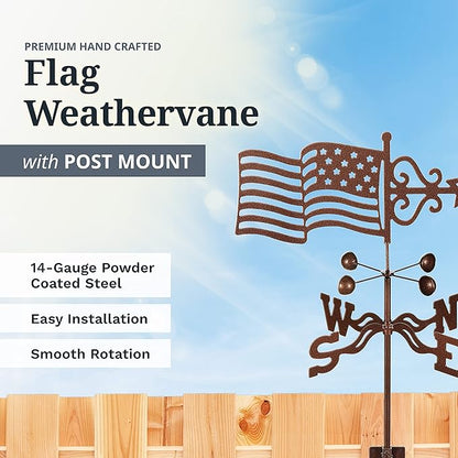 EZ Vane Steel USA Flag Weathervane 21” Height, Includes Metal Post Mount, Wind Cups & Brackets | Hand-Crafted and Family-Owned, Made in The USA with Triple Powder Coating, Limited