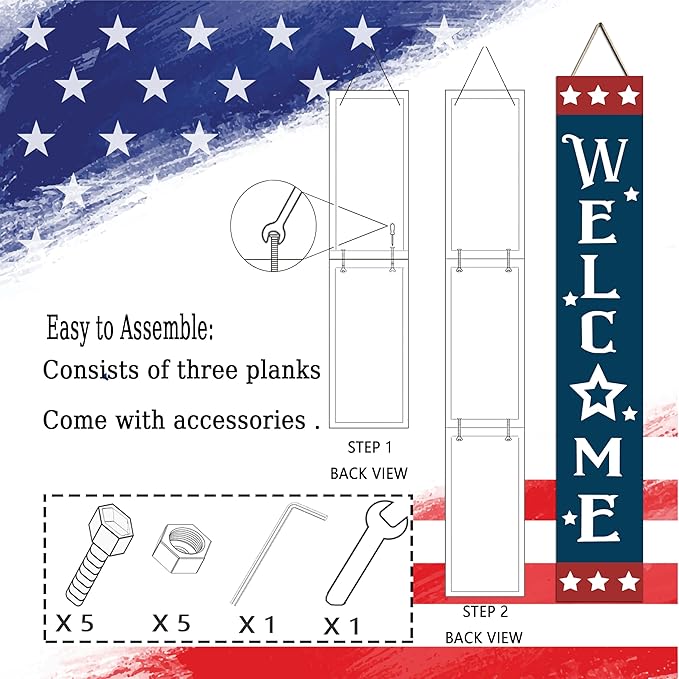 Patriotic Wooden Porch Sign 47" 4th of July Independence Day Large Welcome Sign Memorial Day Vertical Indoor Outdoor Standing Sign For Garden Home Yard Farmhouse