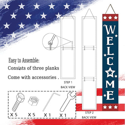 Patriotic Wooden Porch Sign 47" 4th of July Independence Day Large Welcome Sign Memorial Day Vertical Indoor Outdoor Standing Sign For Garden Home Yard Farmhouse