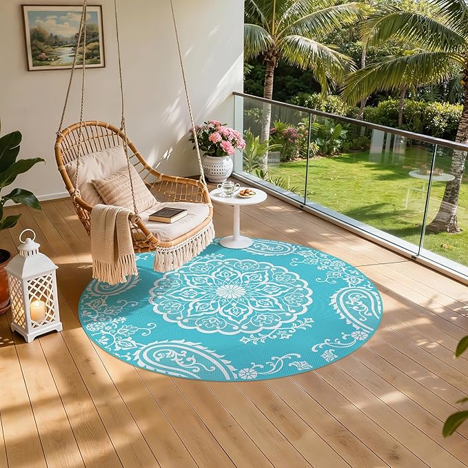 Pauwer Waterproof Outdoor Rug 6ft, Reversible Plastic Straw Patio Camping Rug, Indoor Outdoor RV Mat Carpet for Deck, Camper, Porch, Balcony, Backyard, Picnic, Boho Teal