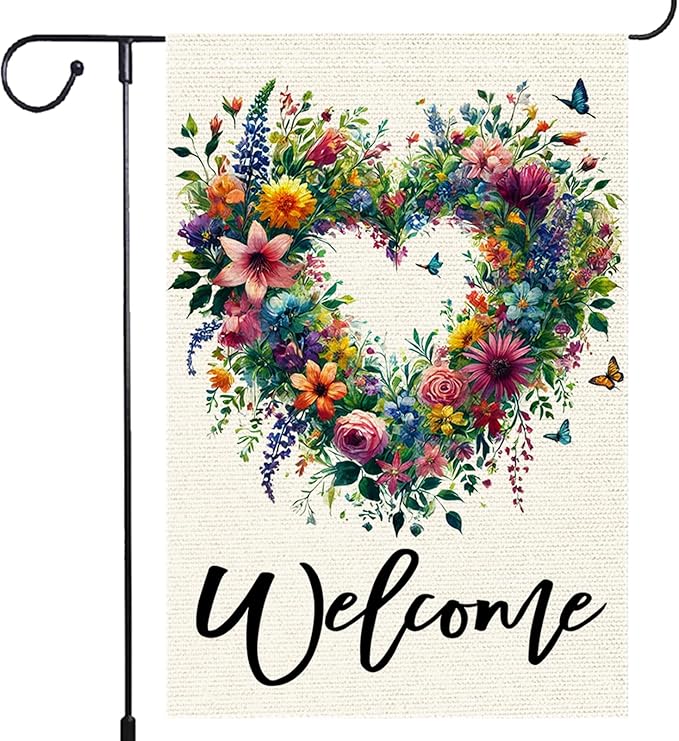 Welcome Spring Summer Garden Flag 12x18 Inch Colorful Floral Love Hearts Garden Flags Double Sided Small Burlap Birds Flowers Butterflies Outdoor Decor Patio Yard Outside Decorations