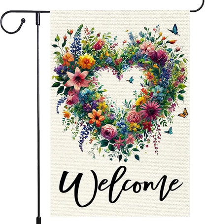 Welcome Spring Summer Garden Flag 12x18 Inch Colorful Floral Love Hearts Garden Flags Double Sided Small Burlap Birds Flowers Butterflies Outdoor Decor Patio Yard Outside Decorations