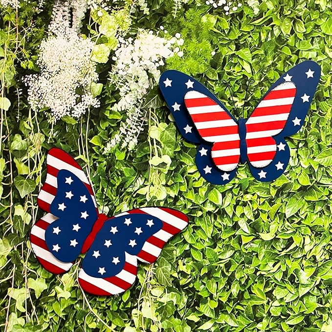 SAGUZOU Rustic Hanging Metal American Flag Patriotic Butterfly Wall Door Yard Fence Signs 4th of July White Blue Red Independence Day Memorial Day Decor Indoor Outdoor Decorations