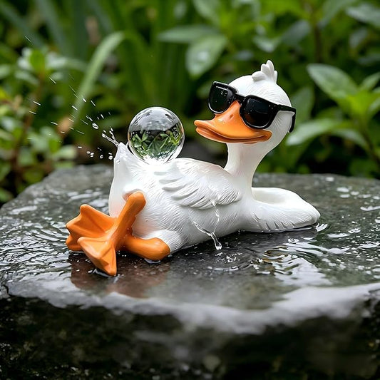 Drunk Duck Outdoor Statues Ornament, Resin Funny Relaxed Duck Sculpture Figurine with Sunglasses for Yard, Lawn, Patio, Porch, and Landscape Decor, White