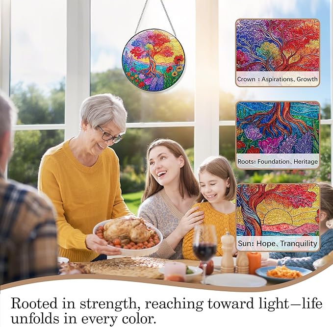 Stained Glass Window Hanging, Tree of Life Sun Catchers Stained Glass Panels for Indoor Windows Wall Art Decor, Birthday Graduation Gift for Mom Women Wife Men Lovers (11.8inch)