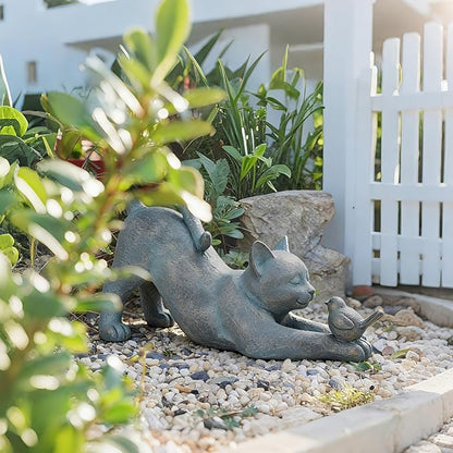 Cat Garden Statues Outdoor Cat-Figurines - Home Garden Decor 16 x 6 x 9.5 inch Resin Cats & Bird Playing Sculpture Statue for Farmhouse Outside Backyard Lawn Gift for Kitten Lovers Newman House Studio