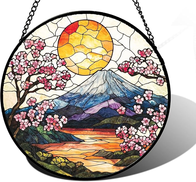 DASTOLL Stained Glass Window Hanging, Sun Blooming Cherry Blossoms Suncatcher Diamond Glass Panel Sun Catchers Decor for Birthday for Women, Men, Wife, Aunt, and Mom 14.9x14.9 in