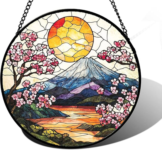 DASTOLL Stained Glass Window Hanging, Sun Blooming Cherry Blossoms Suncatcher Diamond Glass Panel Sun Catchers Decor for Birthday for Women, Men, Wife, Aunt, and Mom 14.9x14.9 in