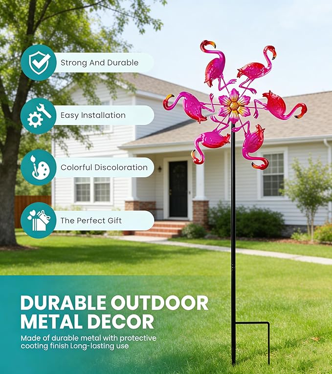 44" Flamingo Garden Wind Spinners - Metal Outdoor Stakes Kinetic Wind Spinner Windmills Decor, Wind Sculpture Yard Art Decorations for Patio, Lawn & Garden