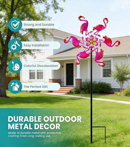 44" Flamingo Garden Wind Spinners - Metal Outdoor Stakes Kinetic Wind Spinner Windmills Decor, Wind Sculpture Yard Art Decorations for Patio, Lawn & Garden