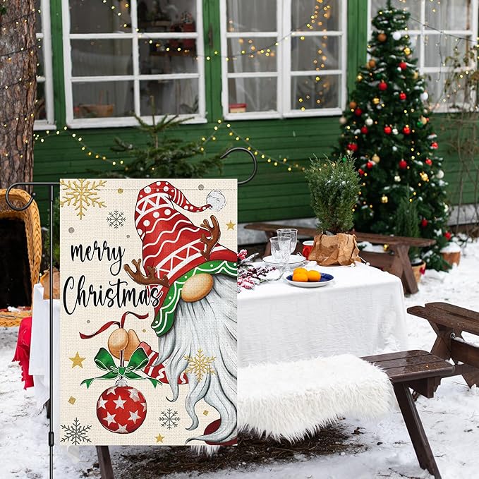 Heyfibro Merry Christmas Gnome Garden Flag 12x18 Double Sided Burlap, Christmas Ball Snowflake Garden Yard Flags for Winter Holiday Xmas Yard Outdoor Decoration(ONLY FLAG)