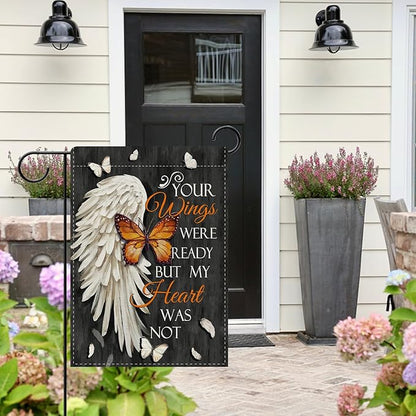 Dyrenson Memorial You Wings Were Ready But My Heart Was Not Decorative Garden Flag, Butterfly Cemetery Yard Outside Home Decoration, Burlap Outdoor Small Decor Double Sided 12 x 18
