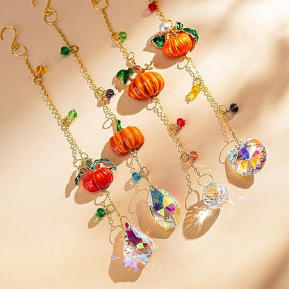 HDCRYSTALGIFTS Set 4 Fall Pumpkin Suncatchers Crystals Sun Catchers Indoor Window Hanging Thanksgiving Christmas Tree Decorations for Farmhouse Harvest Autumn Xmas Home Party Decor