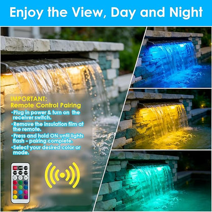 All-in-1 Pond Waterfall Kit with 800GPH Water Pump, 12-inch Stainless Steel Spillway with LED Light, 3-Stage Filtration Outdoor Waterfall for Garden, Backyard, Pool, Water Feature