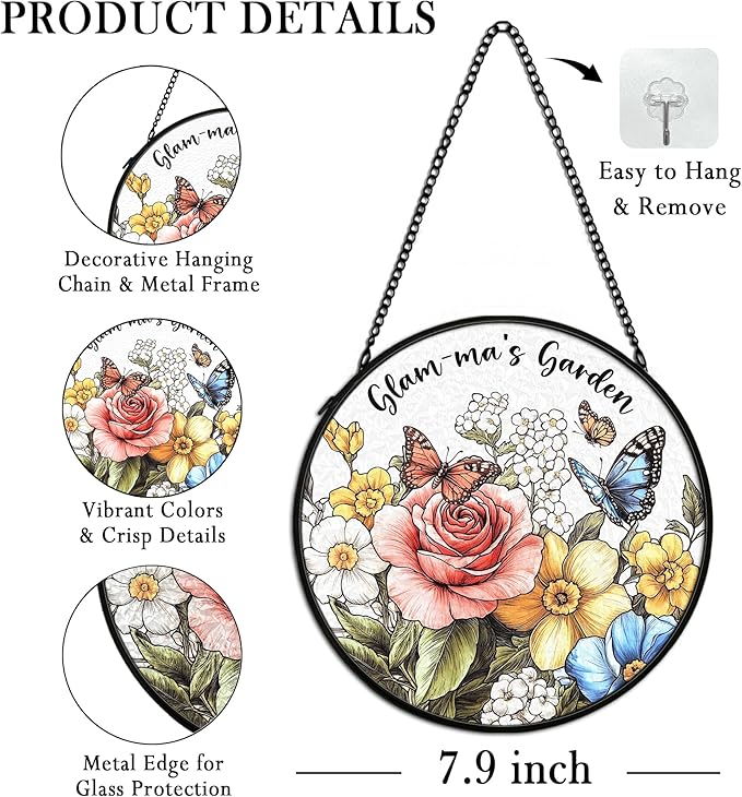 Glamma Mothers Day Christmas Birthday Gifts Suncatcher Stained Glass Window from Grandkids for Grandma, Glam-ma Gift Stained Glass Wall Decor, Glamma's Garden Catchers Indoor Window,7.9x7.9In