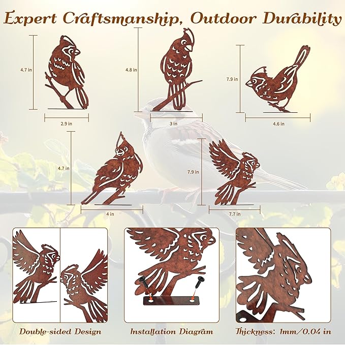 Rusty Birds Decoration, Outdoor Bird Wall Decor, Metal Bird Yard Decor, Garden Sculptures, Yard Art, Fence Decorations, Rustic Garden Decor, Metal Birds Craft Statue Ornaments
