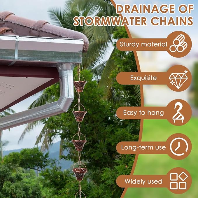 Rain Chains for Gutters, Outside Downspouts Metal Rain Catcher Diverter, 8.5 Ft Retro Rain Chain Decorative with Hook and 12 Metal Cups for Windowsill Garden Patio