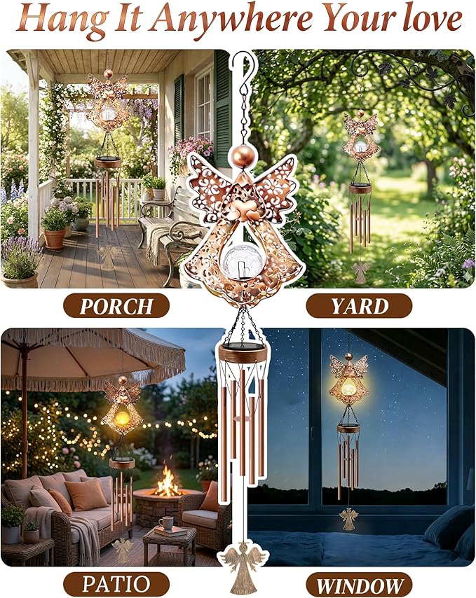 Solar Angel Wind Chimes for Outside: Melodious Mother's Day Birthday Gifts for Mom Women Grandma Her Wife - Weatherproof Metal Outdoor Decor Easy Hanging for Garden Patio Tree Window Memorial