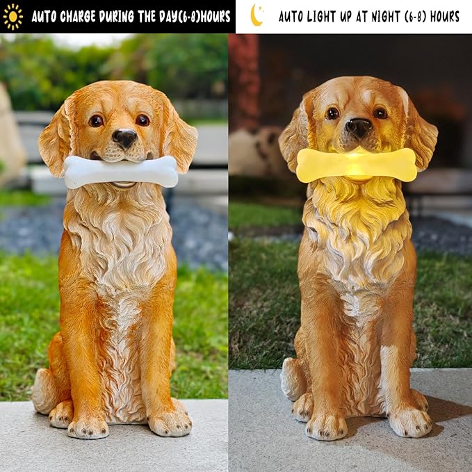 COWOS Solar Dog Statue with Glowing Bone, Golden Retriever Dog Statues for Outdoor Garden Decor, Weatherproof Dog Figurines and Pet Memorial Gift
