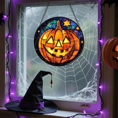 Stained Glass Window Hanging Halloween Horror Golden Pumpkin 11.8" - Suncatcher Door Garden Sunroom Gothic Style Sun Catcher Birthday for Friend Mom Men Woman Nana