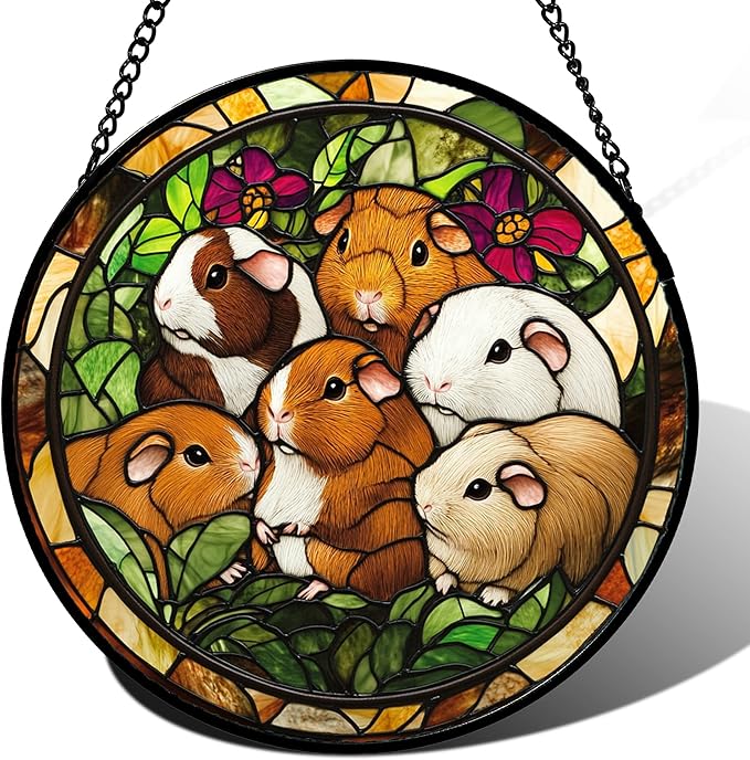 Stained Glass Window Hanging 6 Cute White Brown Guinea Pigs Large 15" - Suncatcher Door Garden Sunroom Sun Catcher Decor Birthday Christmas for Mom Men Woman Nana Friend