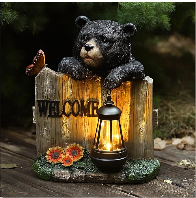 Solar Bear Garden Statue with Hanging Lantern Light, Resin Outdoor Welcome Sign Decor, Waterproof Solar Powered Garden Decoration for Yard, Lawn, Patio, 10.6"