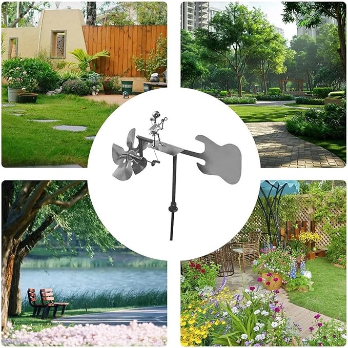 Handmade Metal Guitarist Windmill, Metal Art Musician Figurine Wind Mill, Percussionist and Musician Kinetic Spinners, for Garden, Yard, Lawn, Patio, Unique Art Gift for Music Lovers (Silver)