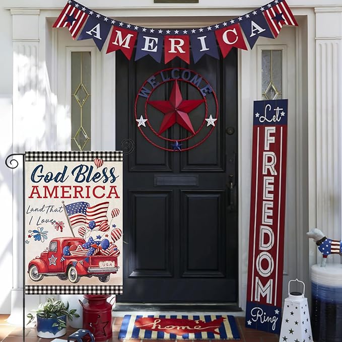 4th of July Garden Flags for Outside,Patriotic American Truck with Buffalo Plaid Small Yard Flags for Outdoor, Memorial Day Decorations for Holiday Summer 250th USA Anniversary 12x18 Inch Double Sided