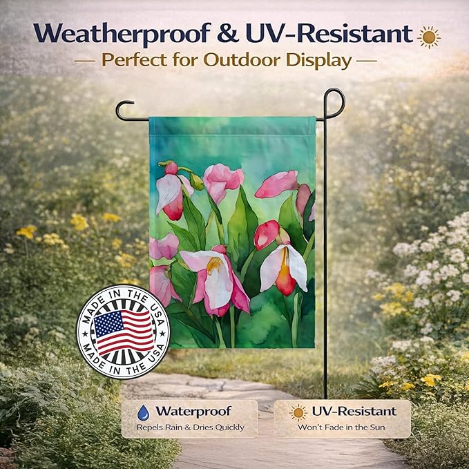Caroline's Treasures Minnesota Pink and White Lady�s Slippers in Watercolor Garden Flag Mailbox Flag Decorative Yard Flag Banner Outside Patio Artwork Yard Flower Beds, Garden Size, Multicolor