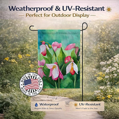Caroline's Treasures Minnesota Pink and White Lady�s Slippers in Watercolor Garden Flag Mailbox Flag Decorative Yard Flag Banner Outside Patio Artwork Yard Flower Beds, Garden Size, Multicolor