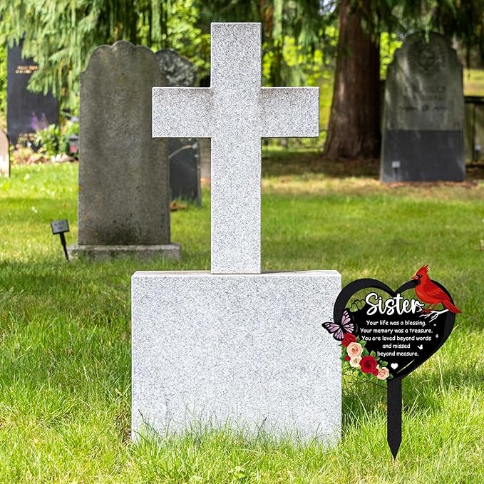 Grave Markers for Cemetery - Memorial Sister Metal Cardinals Grave Stakes Black Heart Remembrance Plaque Waterproof Flower Gravesite Decorations Outdoors Sympathy Gifts for Loss of Sisters