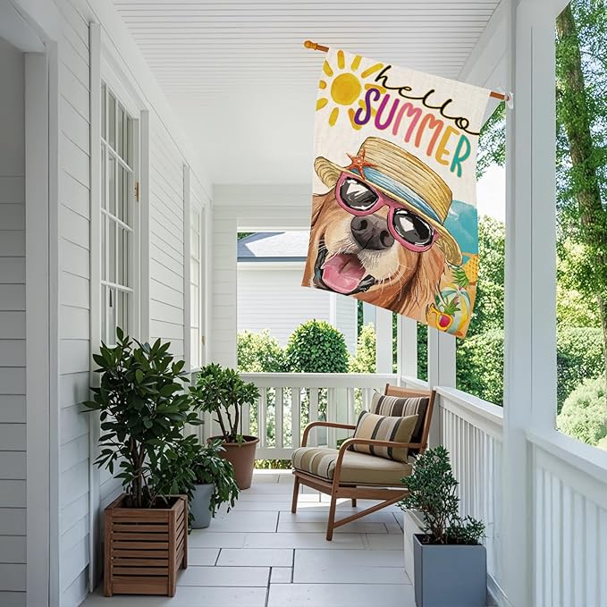 Hello Summer House Flags for Outdoor Decoration, Dog with Sunglass Beach Sun Hat Large Yard Flag, Seasonal Decorative Celebration Decor for Spring Farmhouse Holiday Outside 28x40 Inch Vertical Double Sided