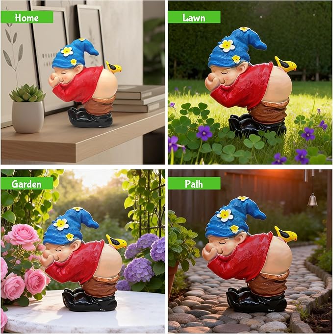 Spring Garden Gnome Statues - Funny Gnome Pants Down Outdoor Resin with Bird Sculptures Decor for Indoor Home Table Patio Lawn Yard Porch Balcony, Housewarming Birthday Mother's Dya Gift
