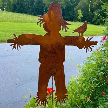 Metal Scarecrow Garden Art - Freestanding Scarecrow & Bird Design, Weatherproof Outdoor Fall Decor for Yard, Porch - Thanksgiving & Autumn Rustic Charm