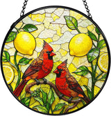 Lemon Cardinal Suncatchers Stained Glass Window Hanging, Lemon Kitchen Decor, Red Cardinal Sun Catchers Indoor Window Glass Round Wall Decor, Kitchen Mediterranean Wall Hanging, 7.9x7.9in