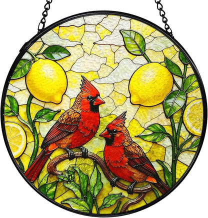 Lemon Cardinal Suncatchers Stained Glass Window Hanging, Lemon Kitchen Decor, Red Cardinal Sun Catchers Indoor Window Glass Round Wall Decor, Kitchen Mediterranean Wall Hanging, 7.9x7.9in
