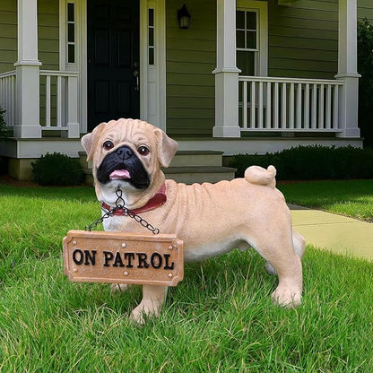 Pug Dog Garden Statue with Solar Lantern & Welcome Sign, 11" Cute Resin Animal Figurine Outdoor Decor, Weatherproof Pet Sculpture for Patio Yard Porch Lawn, Dog Lover Gifts (4.2 LBS)