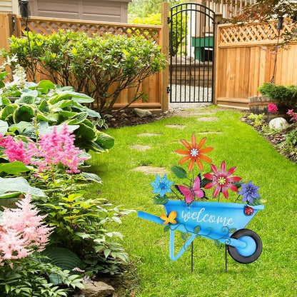 YEAHOME Garden Decor for Outside, 25” Decorative Garden Stakes Metal Wheelbarrow with Flowers for Spring Decor, Butterfly Cart Welcome Yard Signs for Outdoor Lawn Backyard Porch Pathway Decorations