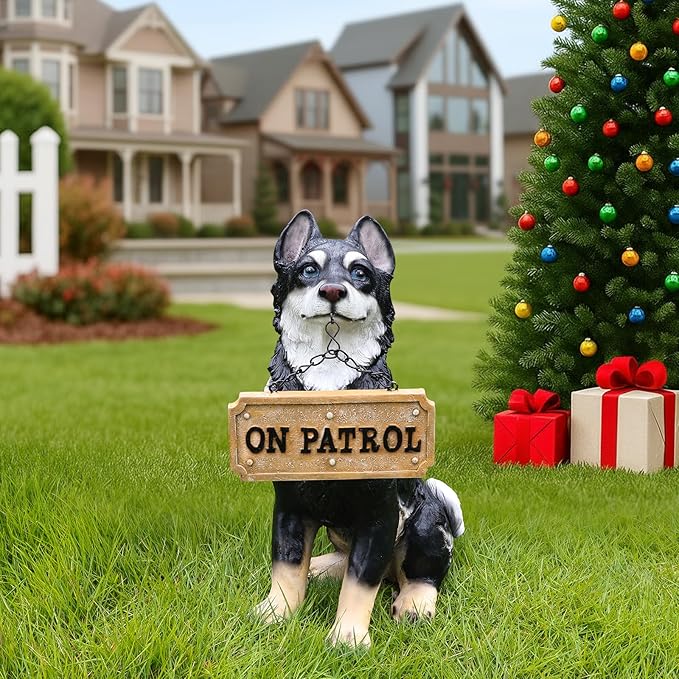 Husky Dog Garden Statue with Solar Lantern, 14.2" Outdoor Resin Puppy Figurine with Welcome & On Patrol Sign, Waterproof Pet Sculpture for Patio Yard Porch Decor, Dog Lover Gift