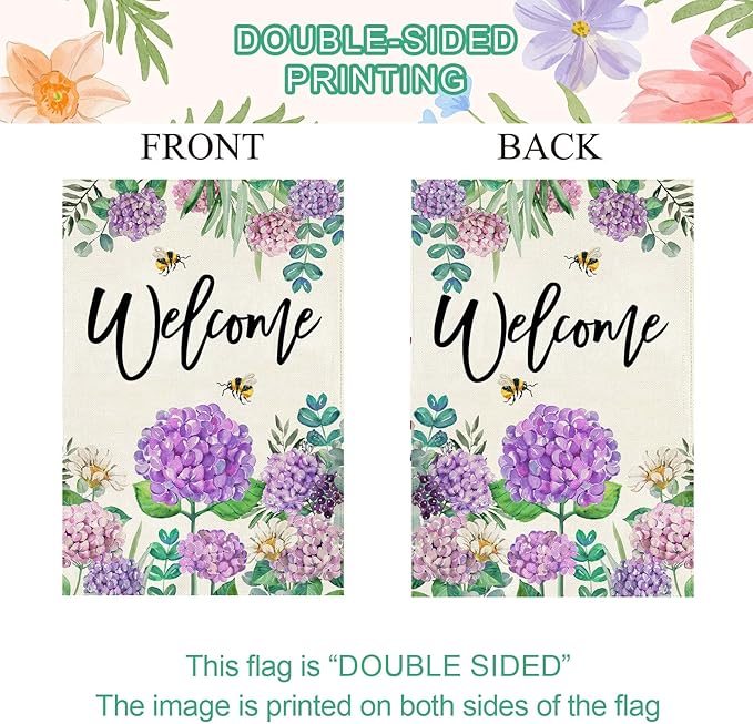 Baccessor Spring Hydrangea Garden Flag Double Sided 12x18 Inch, Summer Purple Flower Floral Welcome Small Yard Flag Burlap Seasonal Farmhouse Yard Outdoor Decoration