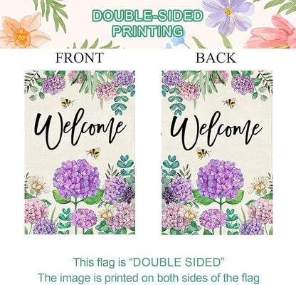 Baccessor Spring Hydrangea Garden Flag Double Sided 12x18 Inch, Summer Purple Flower Floral Welcome Small Yard Flag Burlap Seasonal Farmhouse Yard Outdoor Decoration