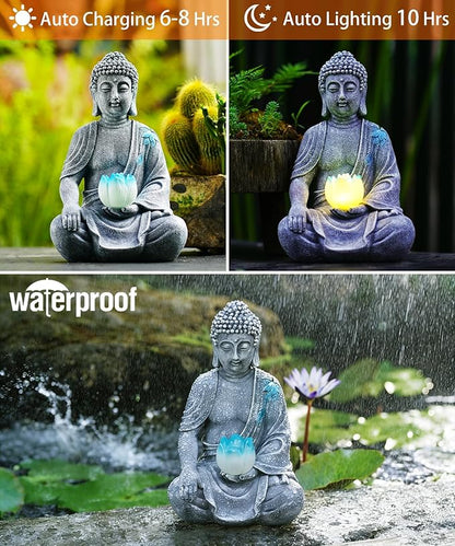 Nacome Solar Buddha Garden Statue Decor: Resin Zen Decor Waterproof Sitting Figurine with Lotus Flower Light Design for Outside Patio Lawn Yard Balcony - 8.3 inches(Grey)