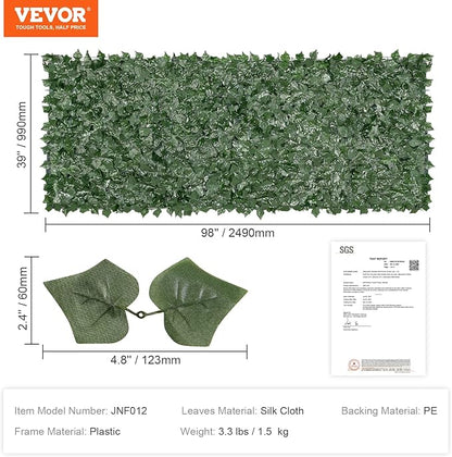 VEVOR Artificial Ivy Privacy Fence Screen, 39 x 98 in Faux Ivy Vine Leaf Hedges Fence, Greenery Privacy Fence with Mesh Cloth Backing, Green Wall Decoration for Outdoor Garden, Yard, Balcony