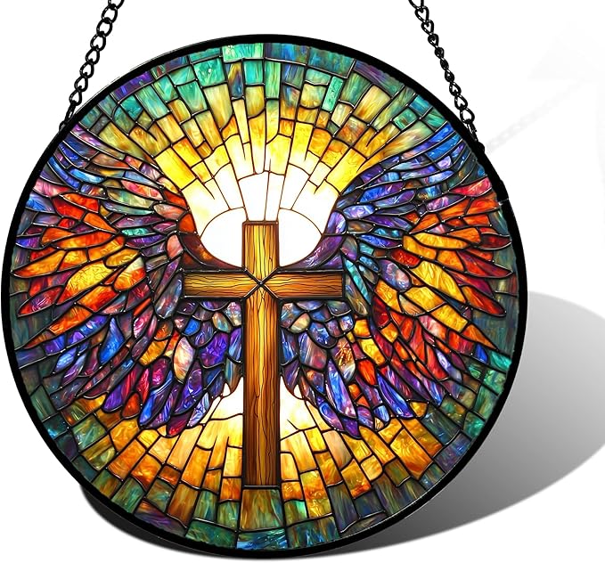 DASTOLL Stained Glass Window Hanging - Jesus Cross Wings Suncatcher Ready to Hang Window Doors Home Decoration and Christmas, Mother's Day Birthday Gifts for Women, Men, and Mom 7.8x7.8 in