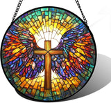 DASTOLL Stained Glass Window Hanging - Jesus Cross Wings Suncatcher Ready to Hang Window Doors Home Decoration and Christmas, Mother's Day Birthday Gifts for Women, Men, and Mom 7.8x7.8 in